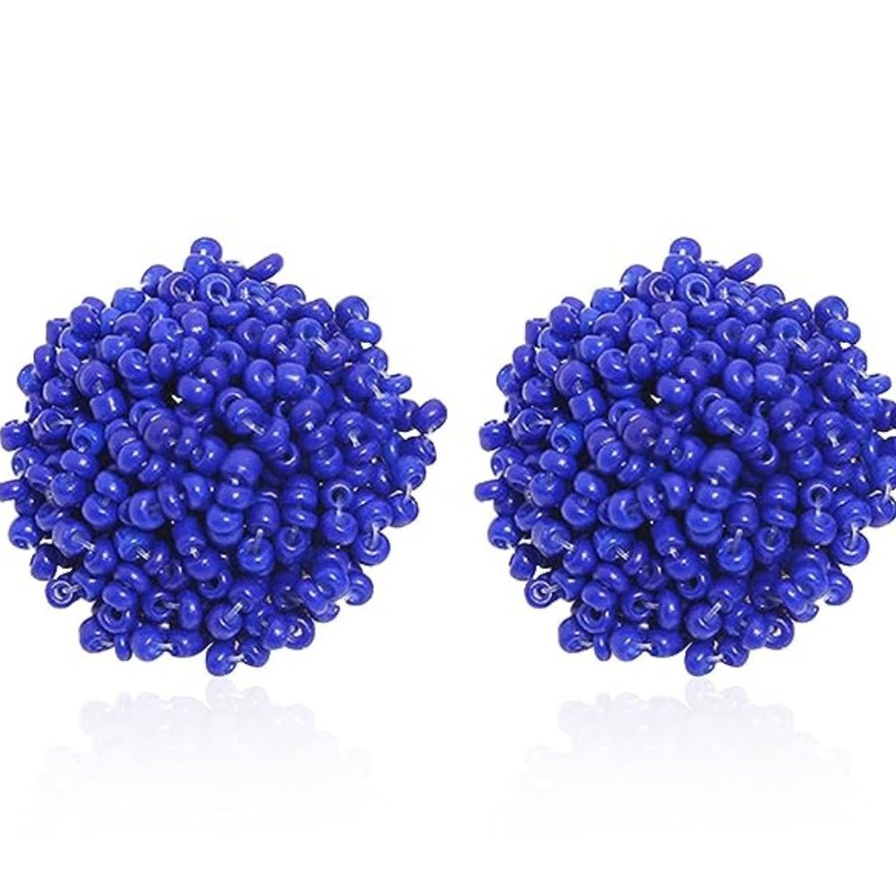 Blue Pom Pom Beaded Big Puff Post Earrings 1" Round Seed Bead Boho Bohemian New